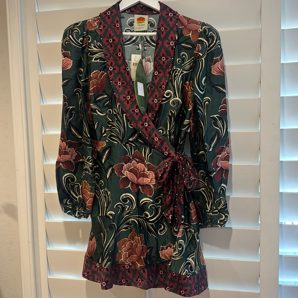 FARM RIO ANTHROPOLOGIE NWT Arabesque Long Sleeve Wrap Mini Dress XS Floral Print - Picture 5 of 12